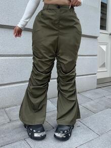 Flirla Plus Size Casual Solid Color Pants With Elastic Waist Flare Leg - Army Green - View 4