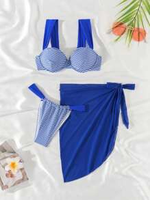 SHEIN Swim Conjunto de 3 piezas de bikini de verano con Top con aros, Bottom y Mini falda a rayas para mujeres - Azul y blanco - Ver 1