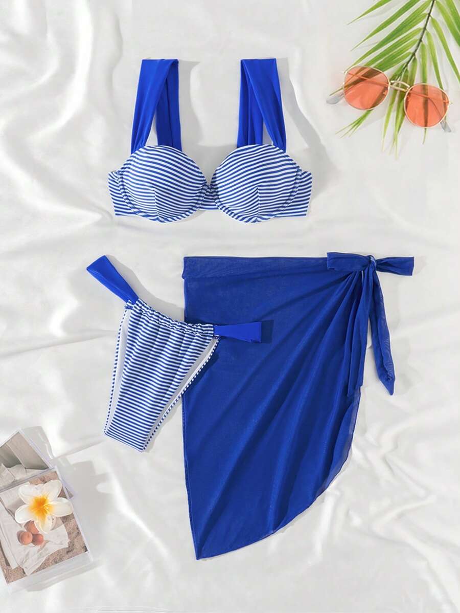 SHEIN Swim Conjunto de 3 piezas de bikini de verano con Top con aros, Bottom y Mini falda a rayas para mujeres - Azul y blanco - Ver 1