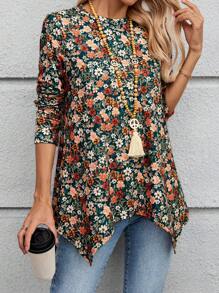 EMERY ROSE 女式休闲碎花不对称下摆 T 恤，秋季 - 彩色 - 查看 1