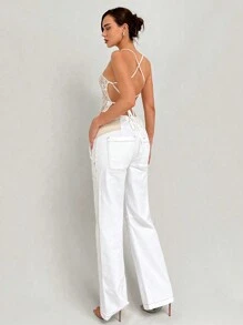 Aloruh Romantic Date Halter Lace White Women Tank Top With Backless Design