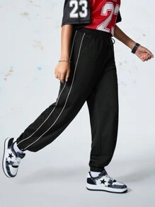 SHEIN Sports 女士撞色条纹前系带休闲运动裤 - 黑色 - 查看 3