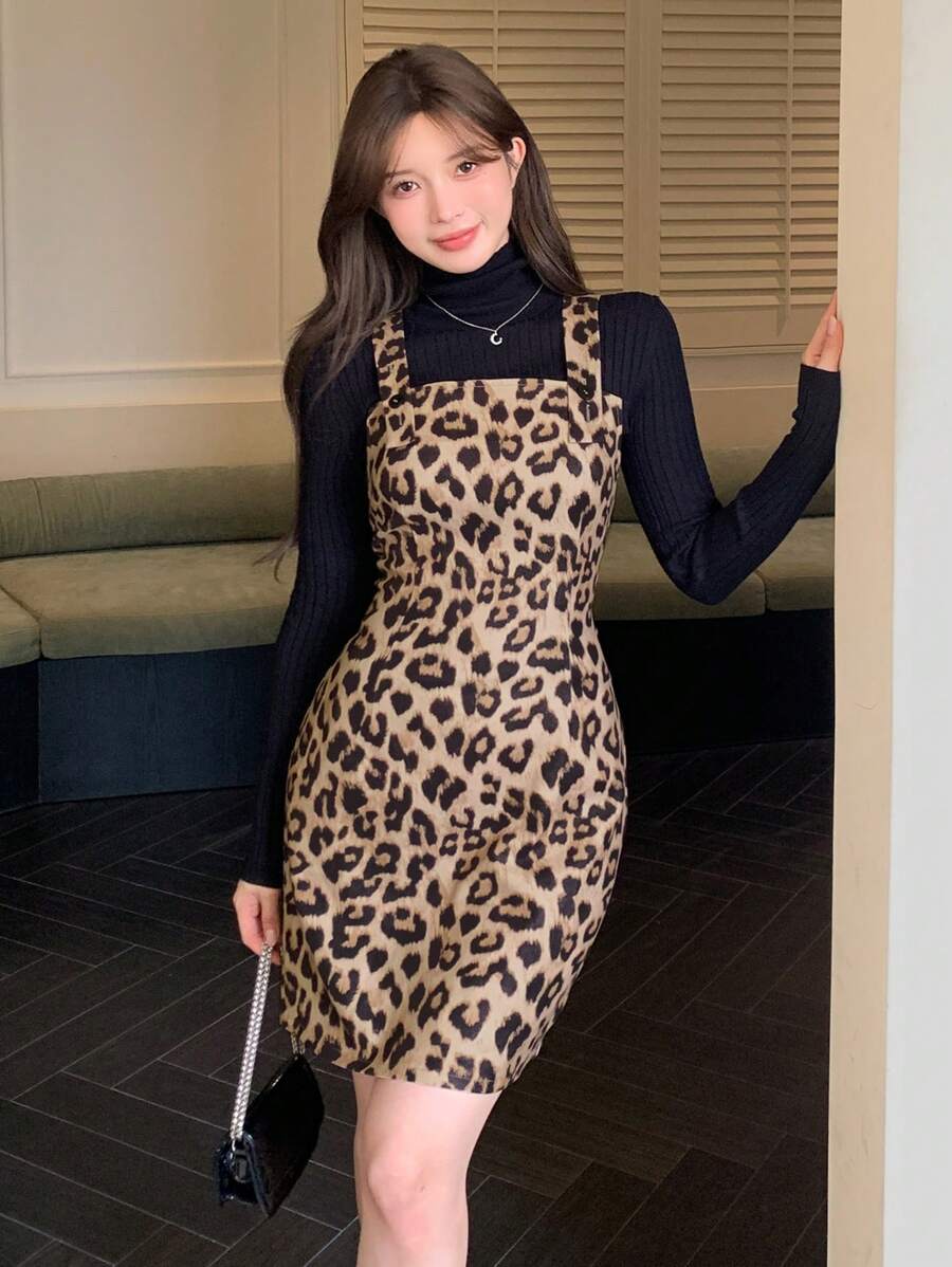 DAZY 女式简约豹纹无袖短款连衣裙，休闲日常猎豹印花秋冬 - 棕色 - 查看 1