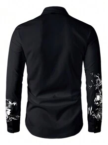 Manfinity Homme Men's Floral Pattern Long Sleeve Black Dress Shirt, Gentlemen Style For Spring/Autumn, Fall - Black - View 2