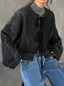 FRIFUL 女士休闲前系带宽松落肩开衫，适合秋冬季，长袖上衣 - 黑色 - 查看 6