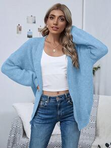 SHEIN LUNE 纯色刺绣宽松休闲百搭针织开衫，长袖 - 藍色 - 查看 5