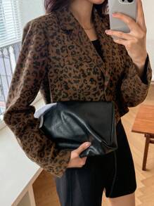 DAZY Áo khoác blazer ngắn thường ngày in họa tiết da báo cho nữ, tay dài, cổ ve lật, cài một hàng khuy, mùa thu - Cà phê nâu - Xem 5