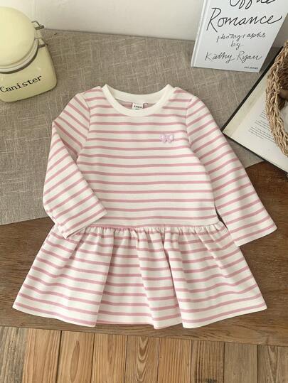 SHEIN LMoss Kids LMoss 女婴 Babygirl 可爱针织条纹长袖连衣裙，秋冬