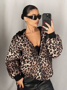 SHEIN ICON Oversized Leopard Print Patchwork Hooded Padded Coat - Brown - View 1