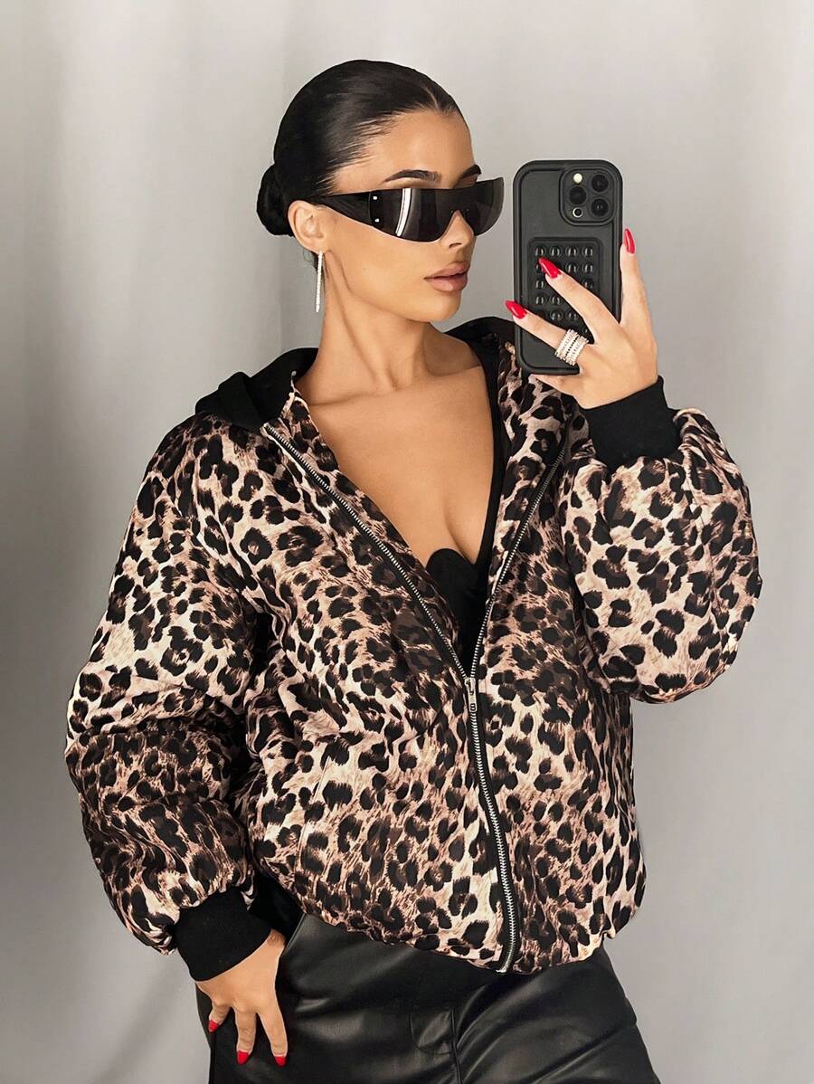 SHEIN ICON Oversized Leopard Print Patchwork Hooded Padded Coat - Brown - View 1