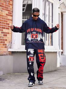 Manfinity Dauomo 2 pièces/Set Sweat-shirt et pantalon noirs graphiques pour hommes, style de rue hiphop