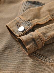 Manfinity Homme 1pc Men's Single Breasted Pocket Casual Loose Basic Plain Denim Jacket, Suitable For Autumn, Vacation - Brown - View 7