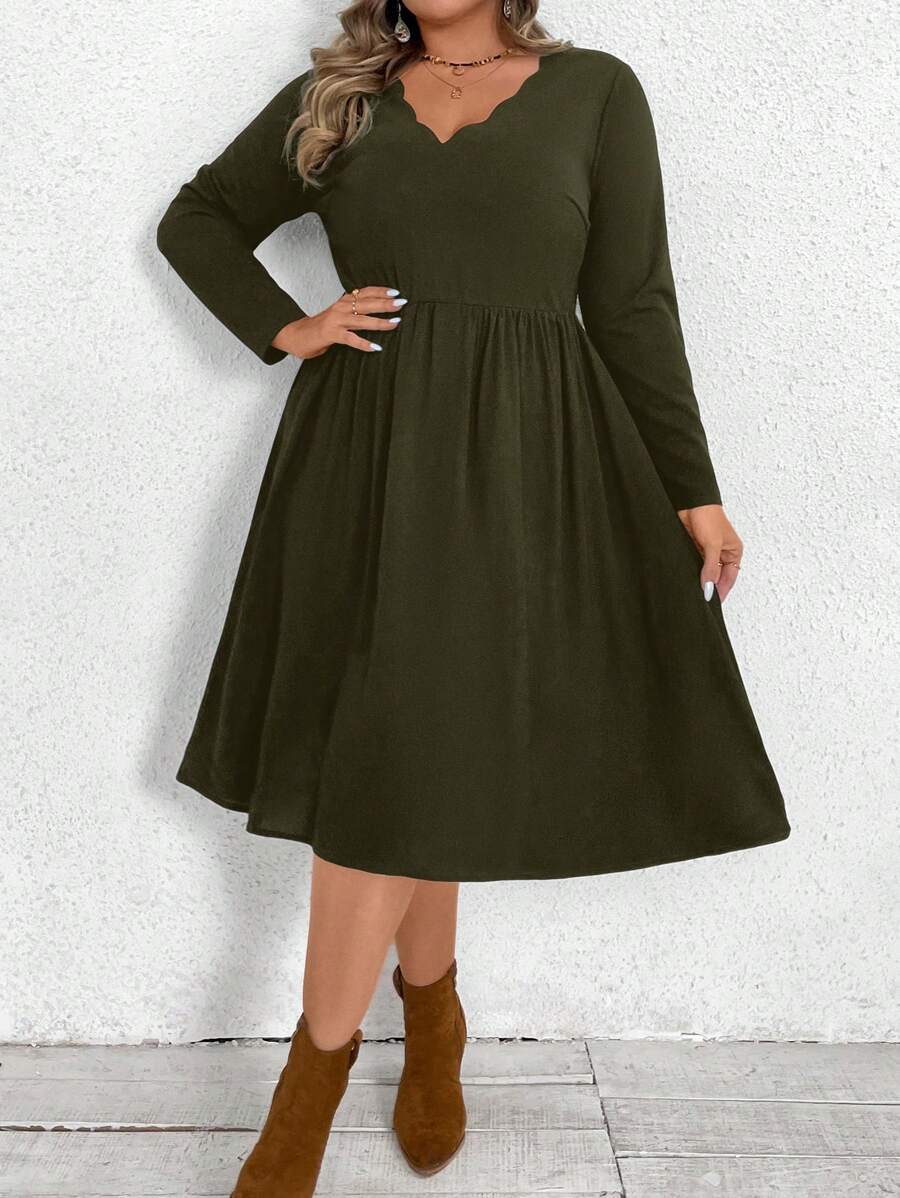 SHEIN VCAY Váy dài tay cổ chữ V viền sóng cỡ lớn, phong cách nghỉ dưỡng - xanh quân đội - Xem 1