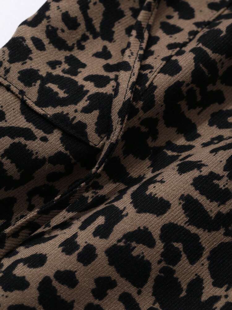 Women Chic Leopard Print Cargo Casual Straight Leg Pants With Half Elastic Waist Cheetah Print