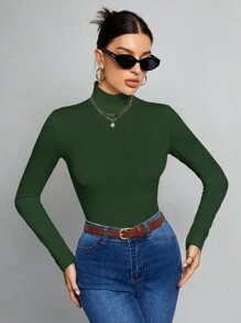 SHEIN Tall Áo thun trắng cổ cao ôm màu trơn đơn giản phù hợp cho mùa thu đông - Màu xanh lá cây đậm - Xem 7