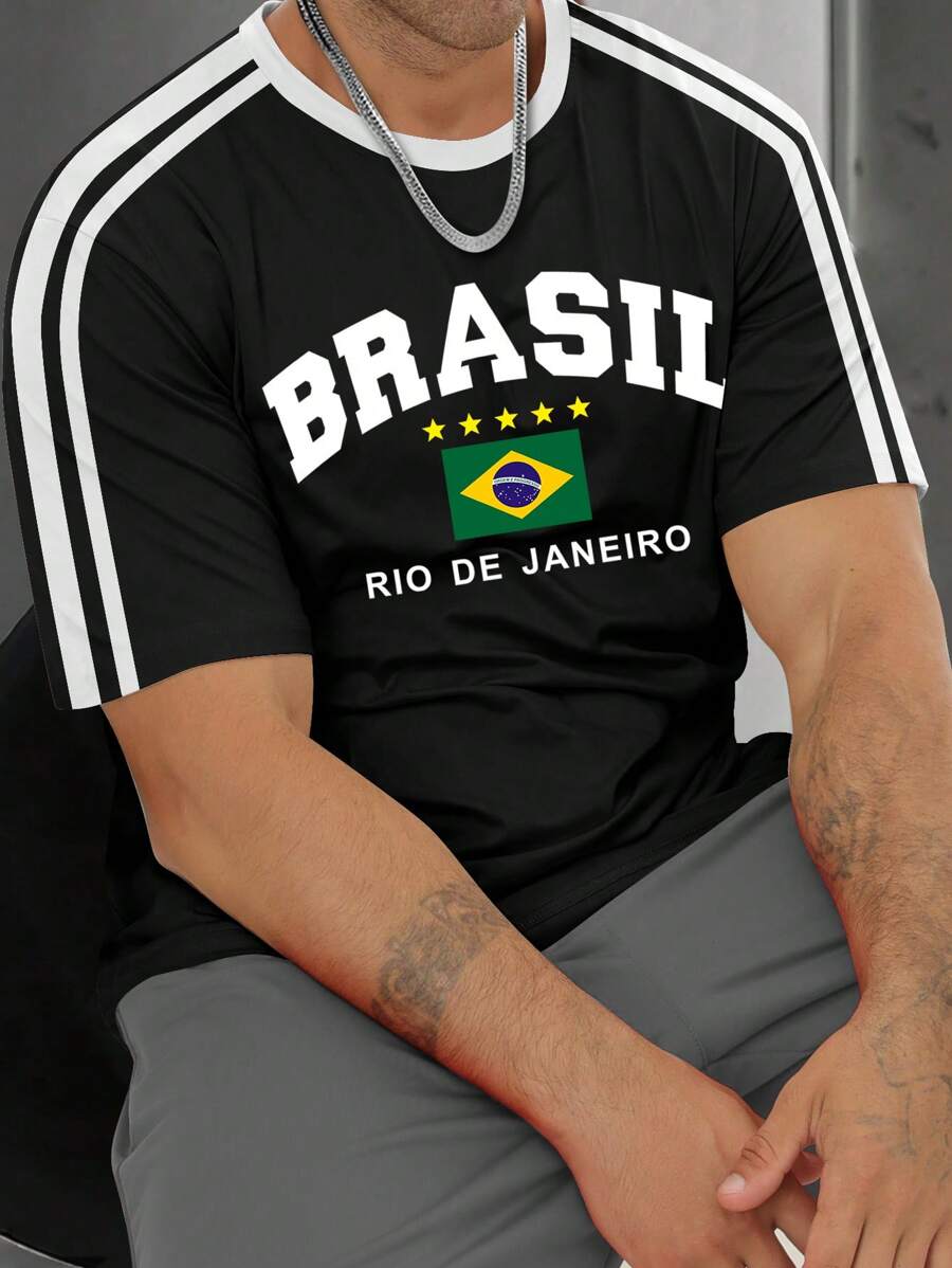 Aesthetic Post 大码男士字母条纹印花圆领休闲宽松短袖 T 恤