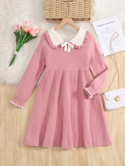 SHEIN 青少年女孩休闲合身彼得潘领花卉反领 A 字形毛衣连衣裙