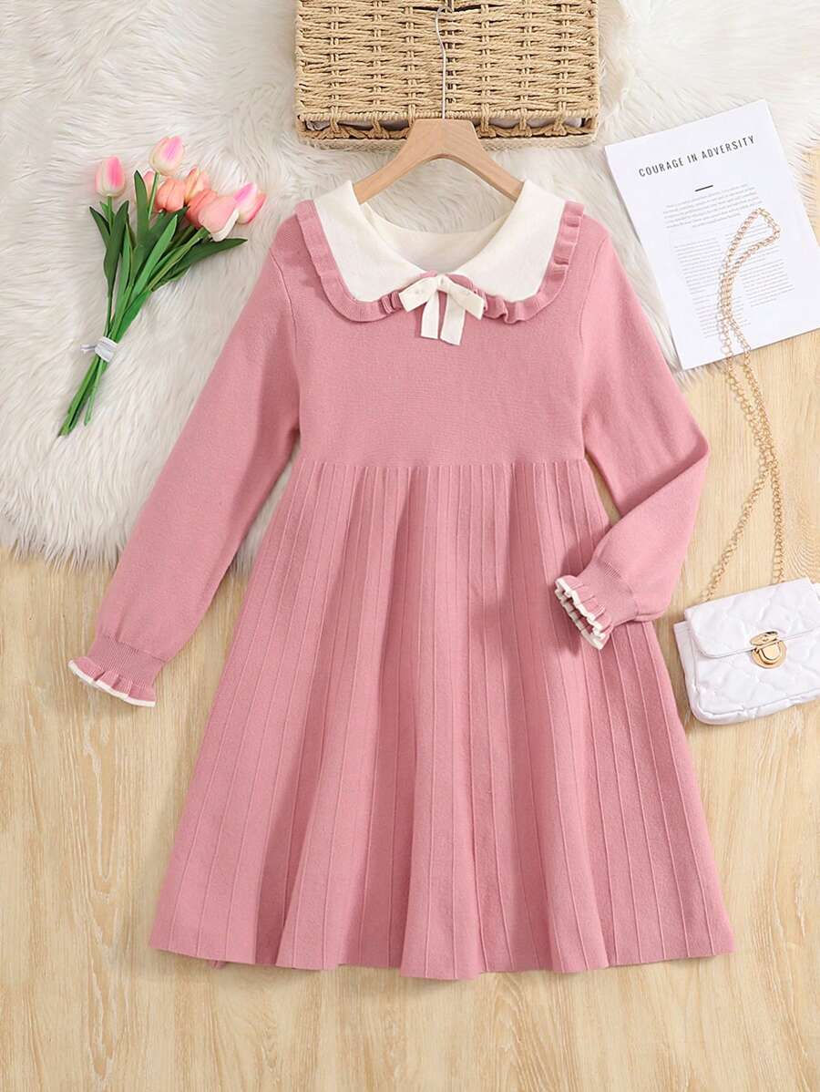 SHEIN 青少年女孩休闲合身彼得潘领花卉反领 A 字形毛衣连衣裙 - 粉色 - 查看 1