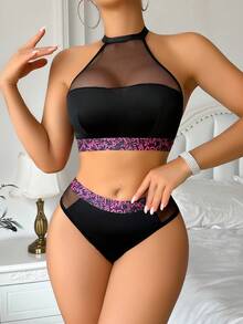 颈巾、字母印花带、网眼面料、支撑性好、覆盖性好、女士运动休闲内衣套装 - 黑色 - 查看 4