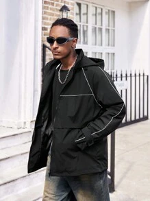 Manfinity Dauomo Veste décontractée et ample avec détail réfléchissant, veste à capuche zippée à manches longues, style streetwear pour l'automne et l'hiver - Noir - Voir 4