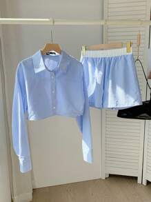 Comfortcana 藍色編織女士單排扣長袖上衣和短褲休閒套裝 - 藍色 - 查看 4