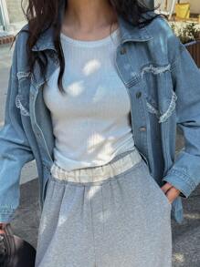 DAZY Women's Front Button Long Sleeve Lace Patchwork Casual Denim Jacket - Light Wash - View 5