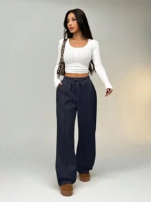 SHEIN EZwear Pebble Seam Detail Straight Leg Sweatpants - Navy Blue - View 5