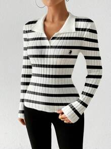 Chiquease 女士极简条纹刺绣针织毛衣上衣 秋冬款 - 黑與白 - 查看 6