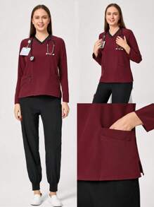 TaskEZ Women's Contrast Binding Long Sleeve Scrub Uniform Top - Red - View 1