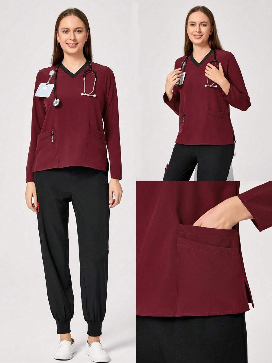 TaskEZ Women's Contrast Binding Long Sleeve Scrub Uniform Top - Red - View 1