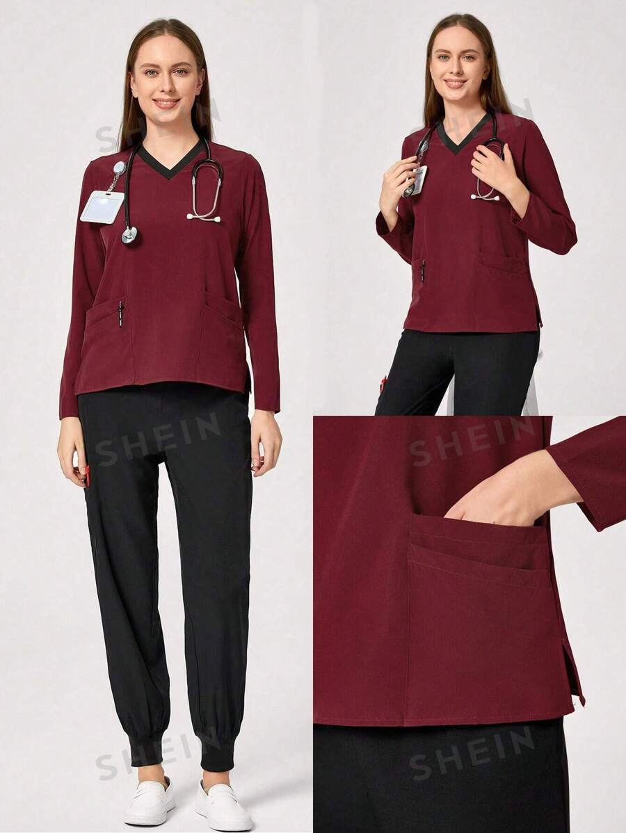 TaskEZ Top cu uniformă de scrub cu mânecă lungă cu legături în contrast pentru femei - roșu - Vizualizare 1