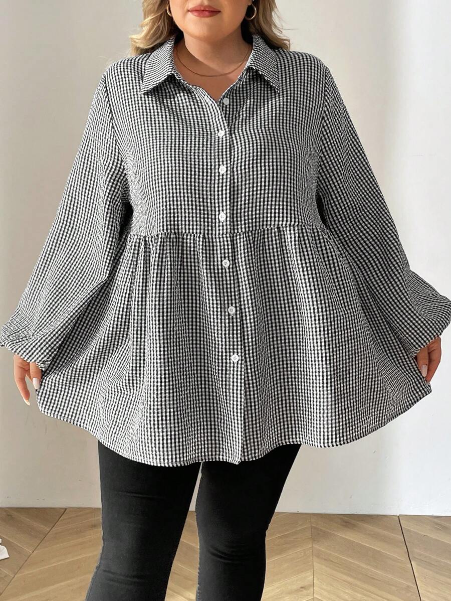 SHEIN CURVE+ Curve Plus Winter  Fall 
 Grid Pattern Lantern Sleeve Loose Cute Doll Shirt - Black and White - View 1