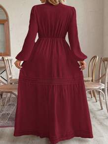 SHEIN VCAY Vestido elegante de talla grande para mujer, de unicolor con cuello en contraste tipo escote, mangas farol y encaje - Burdeos - Ver 2