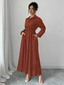 Elenzga Vestido camisero largo de un solo pecho de unicolor de manga larga para mujer, apto para primavera, verano, otoño e invierno, para ocasiones casuales como té de la tarde, fiestas, Acción de Gracias, vuelta al colegio, festivales de música country, casual de negocios - Óxido marrón - Ver 7