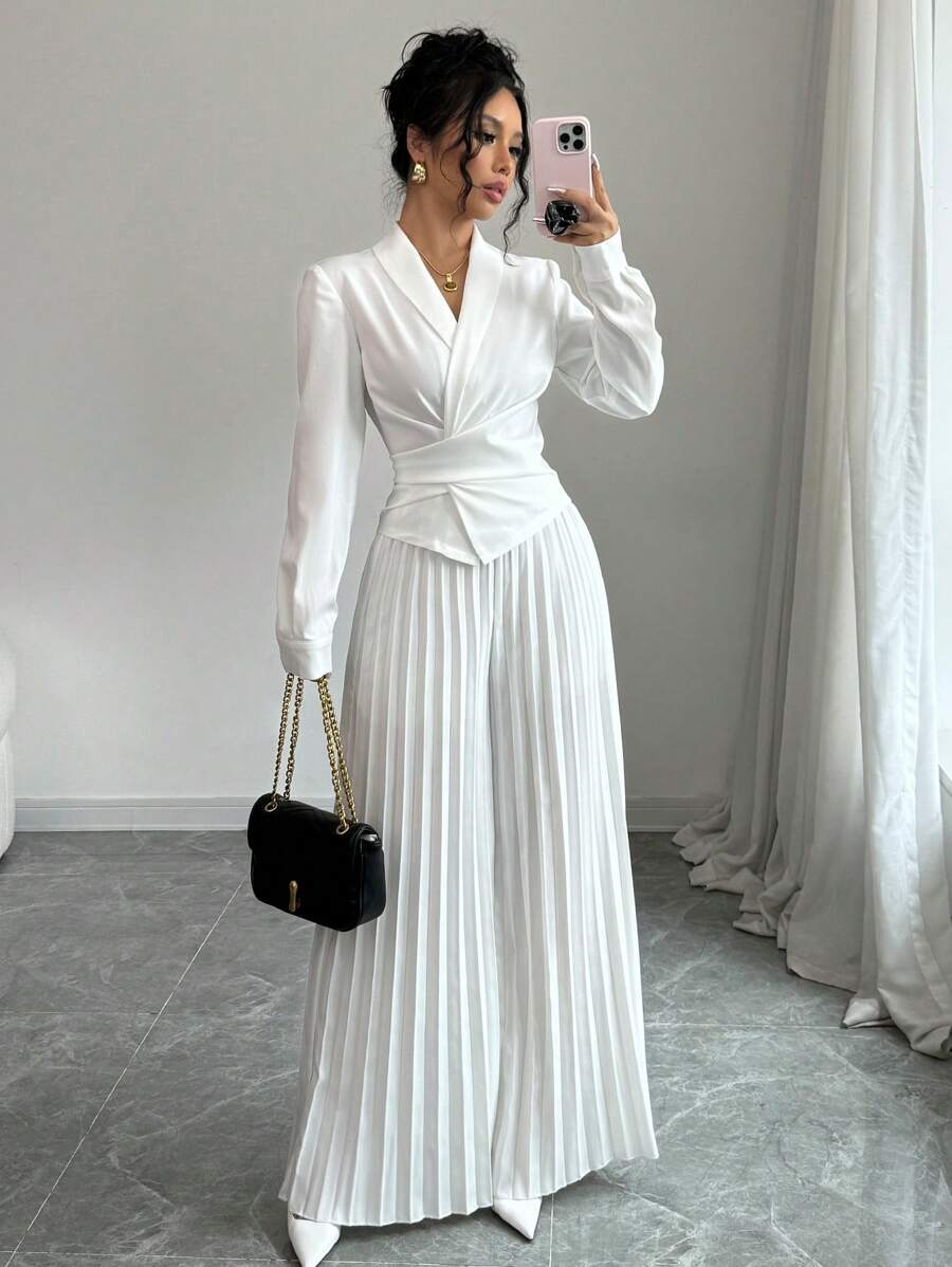 Lyxana Women Solid Color Elegant Cross Twist Top + Pleated Long Pants Set, Spring/Autumn Fall Cloth For Women - White - View 1