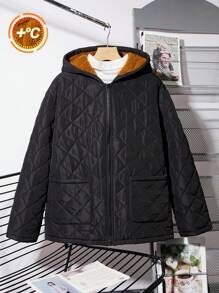 SHEIN 青少年男孩休闲立领格子加厚外套带口袋，厚实保暖日常风衣，适合秋冬季、户外和滑雪 - 黑色 - 查看 7