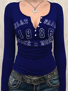 INAWLY Áo thun nữ cổ tròn in chữ cài nút phía trước, tay dài vừa vặn - Màu xanh lam - Xem 4