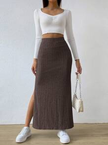 SHEIN EZwear 女式春季时尚绿色侧开叉大腿罗纹针织紧身高腰休闲长裙 - 咖啡棕 - 查看 7