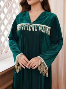 Al Najma Đầm dài Ả Rập trang trí sequin thanh lịch cho nữ cỡ lớn - Màu xanh lá cây đậm - Xem 5