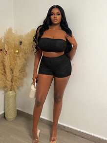 Slaydiva Set de 2 piezas: Top de banda rojo sexy y mini shorts ajustado de encaje de cintura alta - Negro - Ver 4
