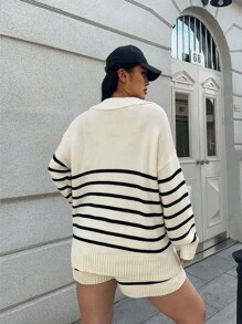 POPSWAY French Elegant Color Block Stripe Polo Collar Slouchy Pullover Long Sleeve + Shorts 2pcs Suit Knit Set For Women, Autumn/Winter Fall Cloth For Women - Multicolor - View 2