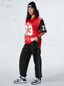 SHEIN Sports 女士撞色条纹前系带休闲运动裤 - 黑色 - 查看 11