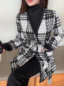 DAZY 1 pezzo Giacca semplice con tasche e maniche lunghe con laccio frontale per donna, abbigliamento casual quotidiano, cappotto a quadri per donna in autunno - Grigio - Visualizzare 4