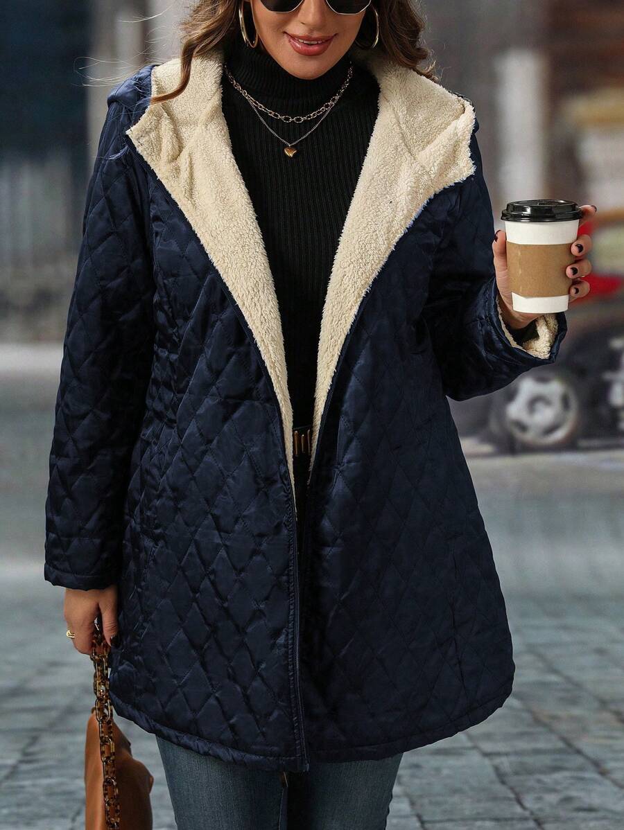 SHEIN LUNE Plus Size Solid Color Thermal Lined Hooded Winter Clothes Jacket - Navy Blue - View 1