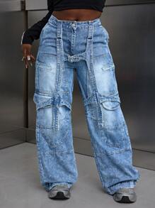 SHEIN Slayr Jeans droits décontractés à coupe ample avec boutons et plusieurs poches de couleur unie pour femmes