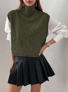 DAZY Women Plain Color Pullover Sweater Vest, Turtleneck, Spring/Autumn - Army Green - View 5
