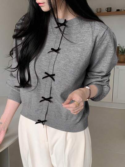 DAZY Women Casual Contrast Color Bow Knitted Sweater, Autumn/Winter,Fall Women Clothes