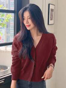 DAZY 女士 V 领纯色针织开衫，适合秋季和圣诞节、假日、秋季女装 - 酒紅色 - 查看 4