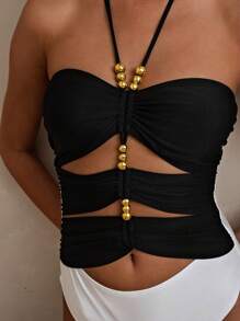 Swim Oasis Luxurious High-End Color Block Splice Halter One-Piece Swimsuit With Skirt Summer