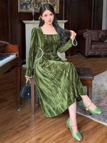 DAZY 女士秋季优雅天鹅绒褶皱腰连衣裙，新年除夕舞会礼服，秋季女装 - 綠色 - 查看 7